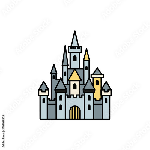 Cartoon illustration of a fairytale castle with multiple towers and crenellations