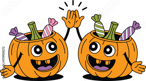 Two cartoon pumpkins giving high five with candy halloween