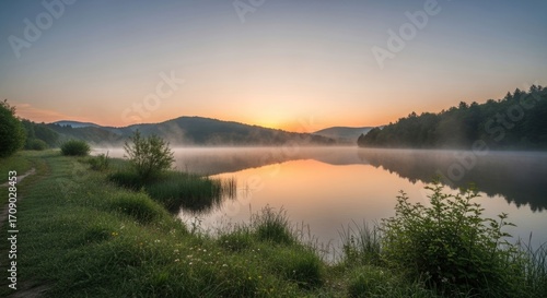 Serene lake sunrise over misty mountains