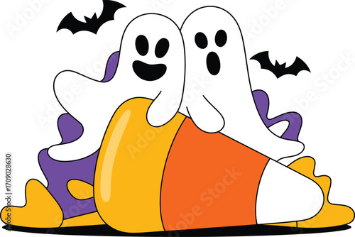 Two happy ghosts on candy corn with bats halloween