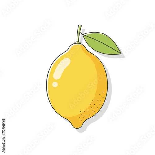 Illustrated Lemon with Leaf, Simple Line Art Style