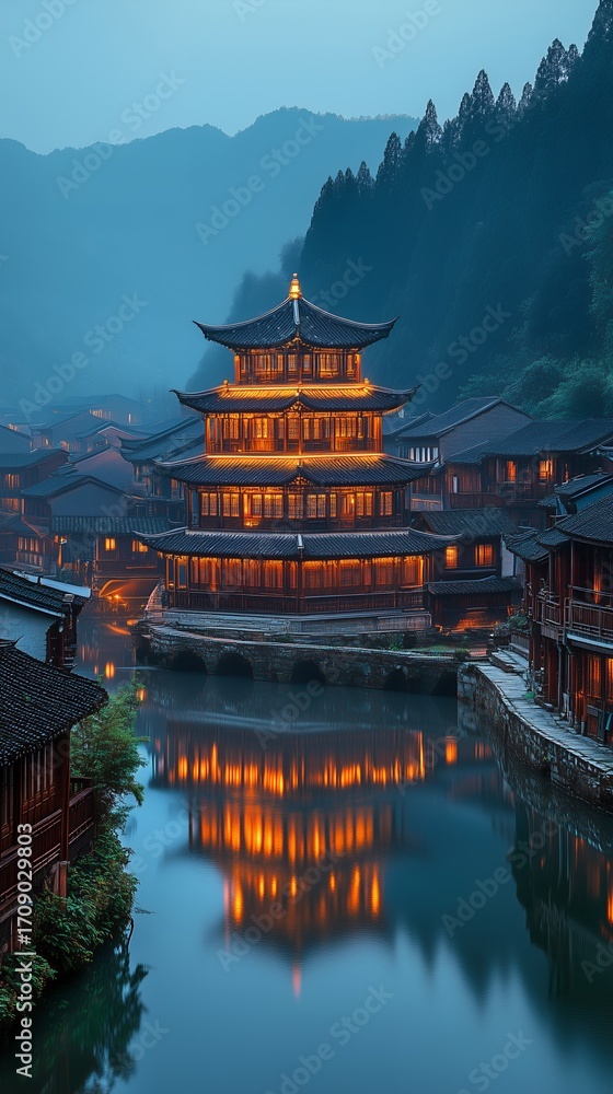 Obraz premium Traditional Chinese ancient town night scene, illuminated wooden houses, golden pavilion, mountain valley, river reflection, starry sky