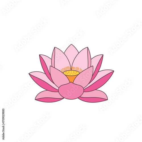 Pink Lotus Flower with Yellow Center, Simple Line Art Illustration
