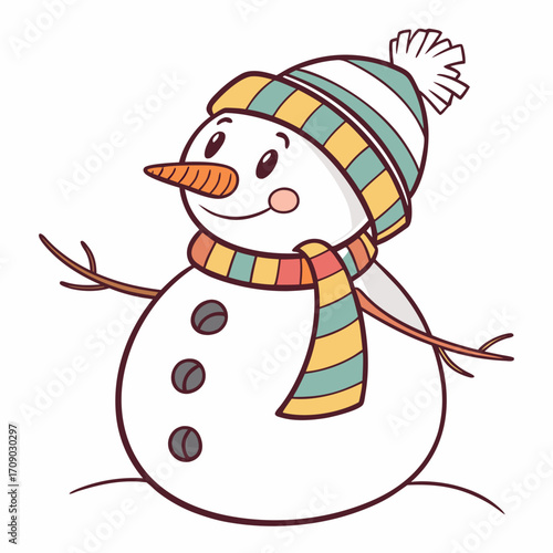 Cute Christmas snowman with a carrot nose and Santa hat holds a broom and Christmas tree in the winter snow