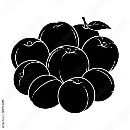 Black and White Illustration of Apricots and Leaves