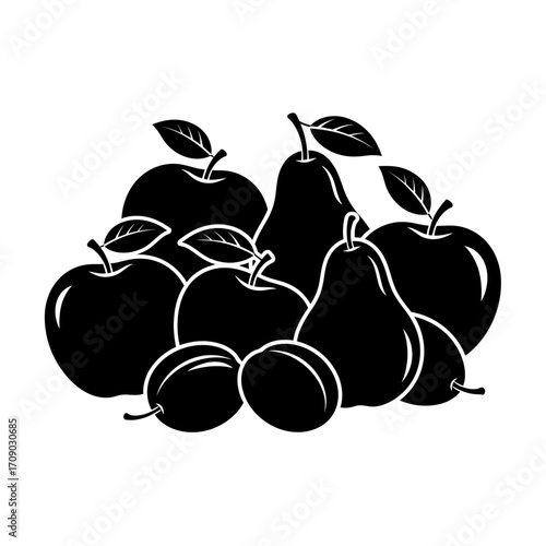 Black and White Silhouettes of Assorted Fruits with Leaves