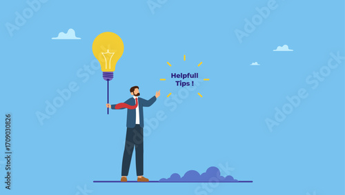 Smart businessman holding lightbulb idea balloon telling helpful tips. Helpful tips for business, useful ideas or smart trick to success, advice or suggestion information for improvement.