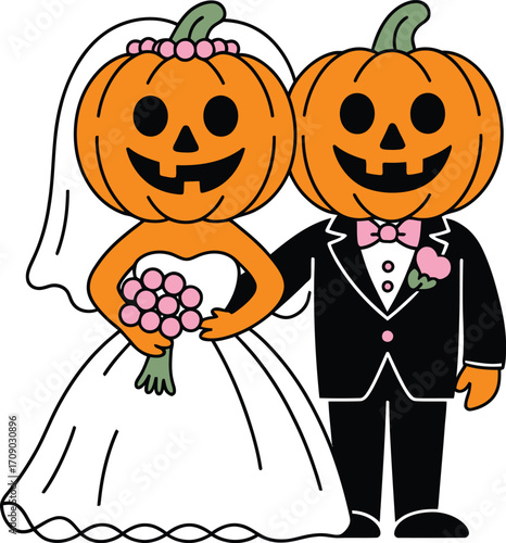 Cartoon pumpkin bride and groom wedding illustration