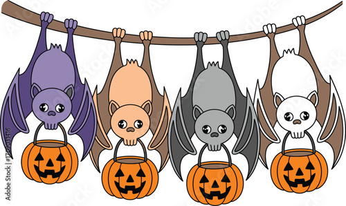 Four cartoon bats hanging from a branch holding pumpkin buckets
