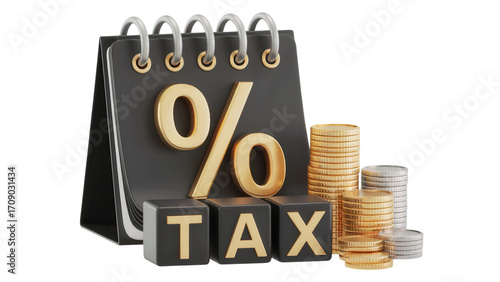 Tax season concept with calendar, percentage symbol, and coins; finance theme