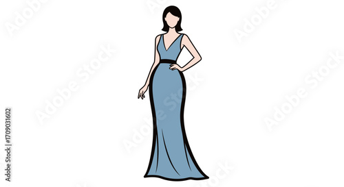 Elegant Woman in Blue Gown with Black Outline