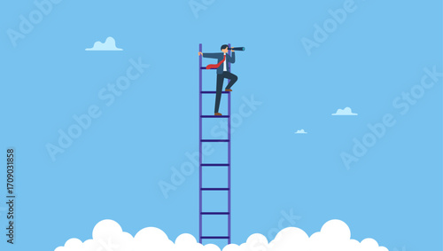 Smart businessman climb up ladder look through telescope visionary. Success ladder for business opportunity, looking for new job or career path, leadership discovery or searching for success.