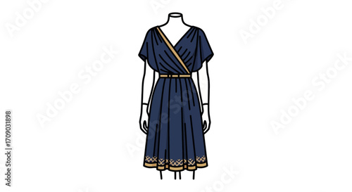 Elegant Navy Dress with Gold Accents on Mannequin