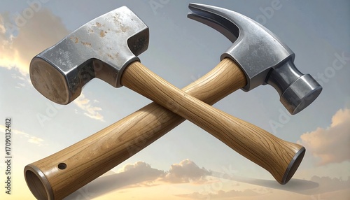Two crossed hammers against a sky