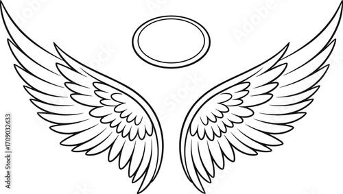 Angel wings with halo vector illustration, black and white outline, spiritual tattoo design, celestial symbol, religious graphic art print
