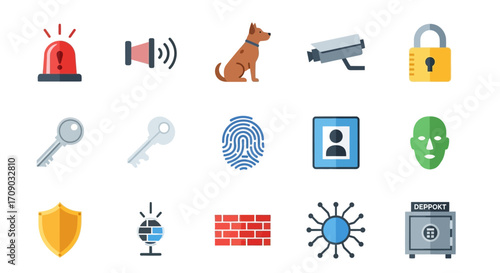Collection of Security System Icons:  Alarm, Dog, Camera, Lock, Keys, Fingerprint, ID, Firewall, Safe
