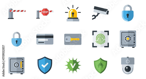 Security and Protection Icons: Barrier, Stop Sign, Alarm, Camera, Lock, Credit Card, Key, Fingerprint, Safe, Shield