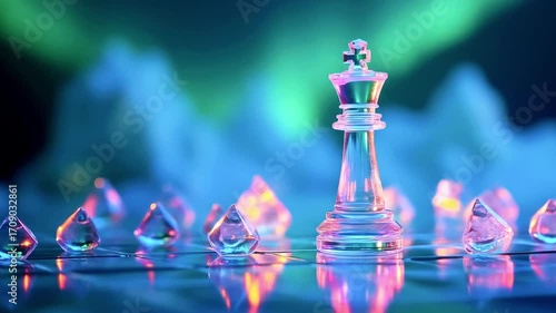 A crystal chess king piece stands prominently among colorful glass droplets, illuminated by vibrant lights