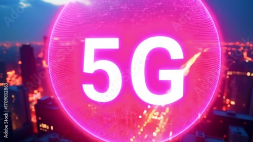 Futuristic city skyline at dusk with a glowing 5G symbol illuminating the urban landscape