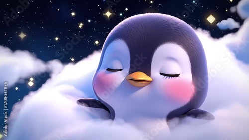 Sleeping cartoon penguin on a fluffy cloud under a starry night sky with dreamy expression.