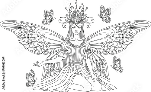 Beautiful fantasy fairy princess with intricate wings and butterflies, magical mythical creature, delicate crown, detailed dress, enchanting mystical art