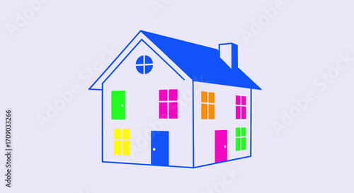 Colorful Two-Story House with Blue Roof and Various Doors and Windows