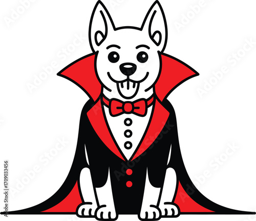 Cartoon dog dressed as a vampire with red cape and bowtie