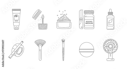 Makeup Application Tools and Products Line Art Icons Set