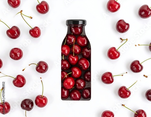 Cherries in bottle cutout on white
