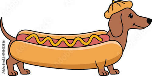 Dachshund dog wearing beret inside hot dog bun vector