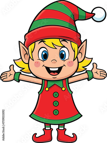 Adorable cartoon Christmas elf girl with blonde hair, wearing red and green striped hat, festive dress, smiling with open arms, holiday cheer, joyful character illustration.