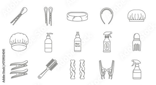 Collection of Hair Styling Tools and Accessories Line Icons