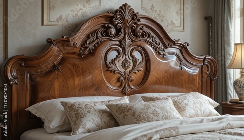 Elegant and Luxurious Wooden Bed with Ornate Headboard in a Beautiful Bedroom