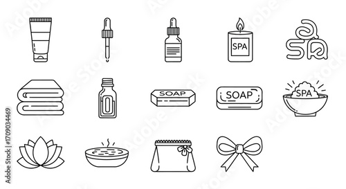 Spa Treatment Icons: Line Art Set of Wellness Products