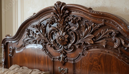 Exquisite Detail of a Carved Wooden Bed Headboard with Floral and Leafy Motifs