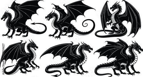 Black dragon silhouettes, fantasy mythical creatures, flying dragons, vector illustration, fierce fire-breathing beasts, medieval monsters, tattoo design, isolated set