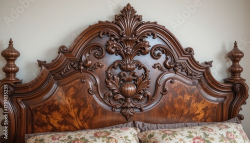 Ornate Carved Wooden Headboard in a Bedroom, Beautiful Home Interior Decor Detail
