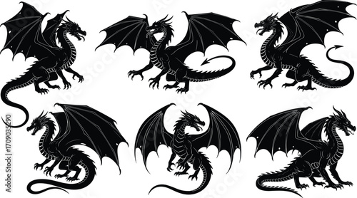 Black silhouette dragon set, fantasy creature collection, flying fire-breathing beast, mythical reptile illustration, medieval monster art vector