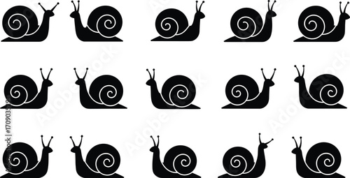 Black Silhouette Snail Icons Collection, Minimal Vector Art of Spiral Shell Snails, Nature Clipart, Cartoon Animals, Isolated Design Set