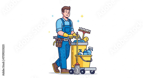Cleaning Worker Pushing Cart with Cleaning Supplies Vector Illustration