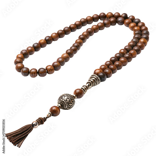 Brown Wooden Prayer Beads with Silver Engraved Spacer and Tassel rosary tasbih
