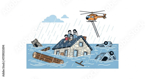 Family Rescued by Boat During Flood Vector Illustration