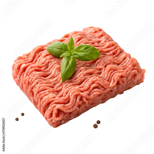 Raw ground meat with fresh basil leaves and peppercorns on black beef pork