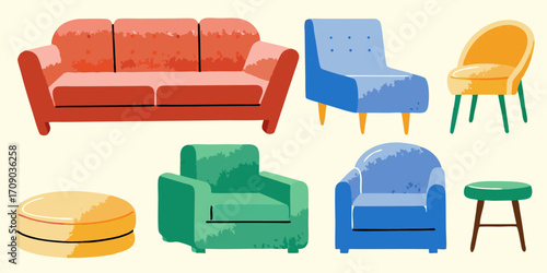 Collection of colorful cartoon style furniture including sofas armchairs ottomans and stools on a light background