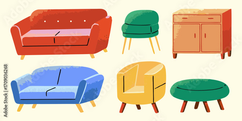 Collection of colorful cartoon style furniture including sofas chairs and a cabinet on a cream background