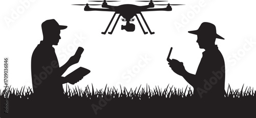 Two people in silhouette operating a drone with controllers in a grassy field quadcopter aerial vehicle