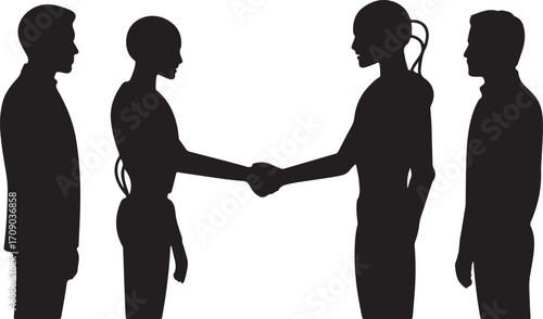 Two men and two women silhouettes shaking hands in agreement on white background people handshake