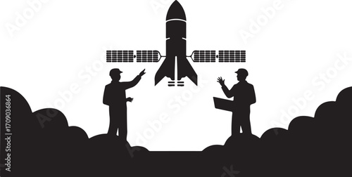 Two silhouetted figures in caps gesture towards a rocket and satellite against a white background with dark cloud shapes