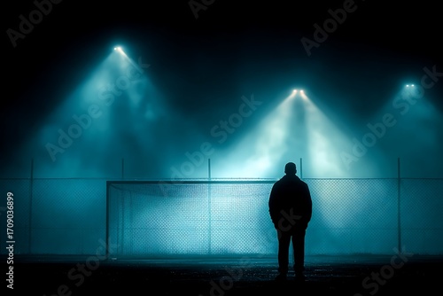 Dramatic blue stadium lights pierce through night fog illuminating a lone figure by a football goal