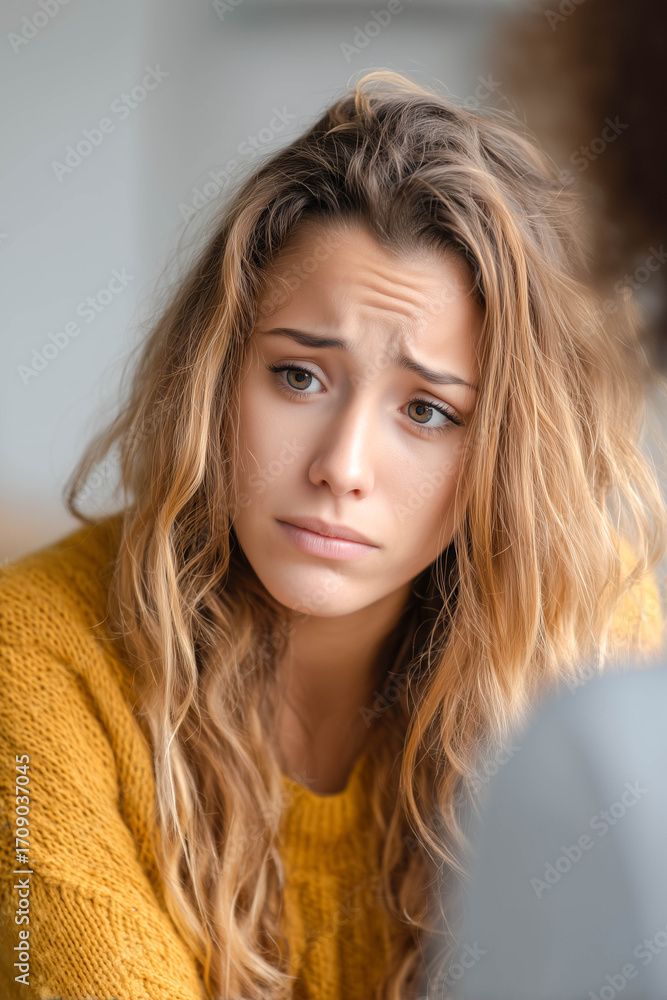 Fototapeta premium Female patient at the psychotherapist, strong feelings, crying